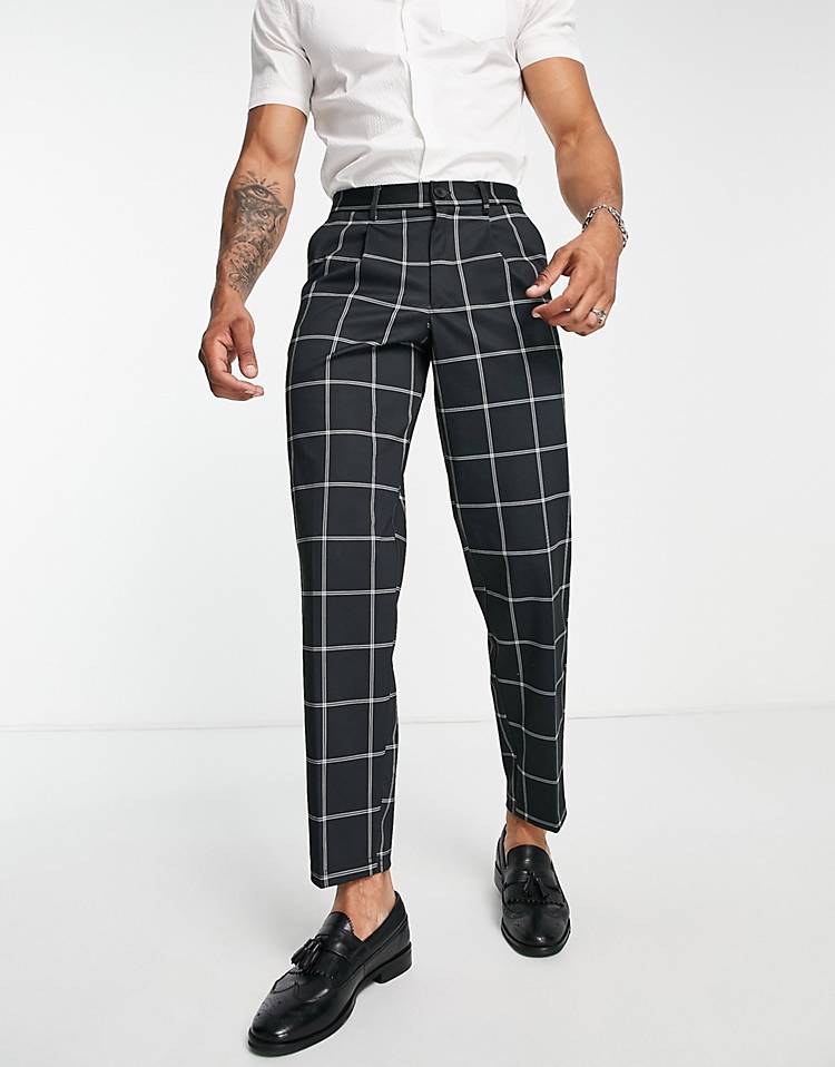 Jack & Jones Intelligence Bill wide fit windowpane check smart pants in black